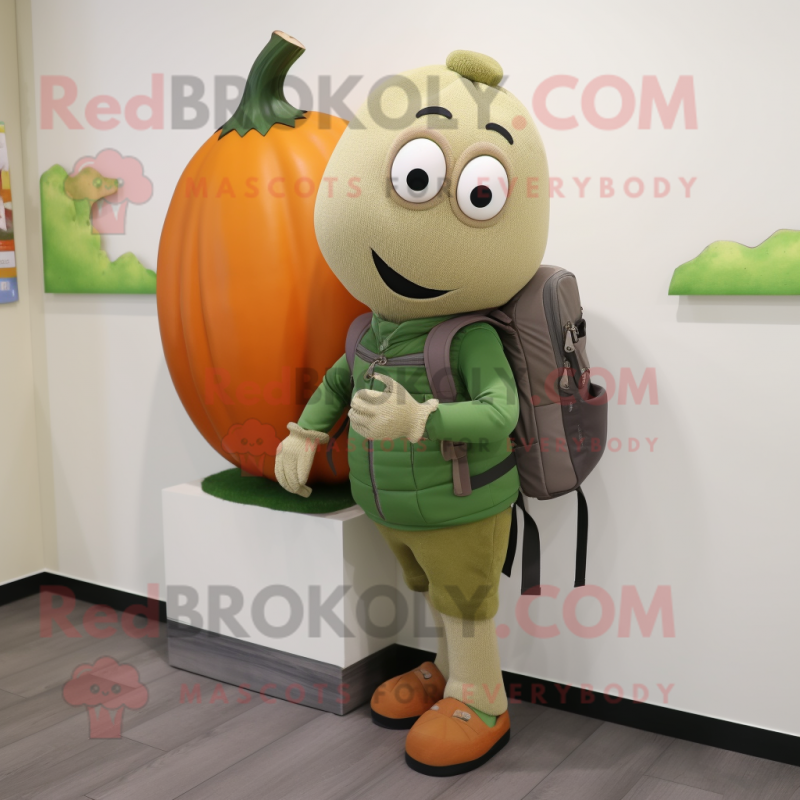 Olive Pumpkin mascot costume character dressed with a Sweater and Backpacks