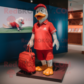 Red Muscovy Duck mascot costume character dressed with a Polo Tee and Handbags