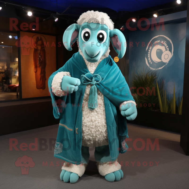 Teal Ram mascot costume character dressed with a Boyfriend Jeans and Shawls