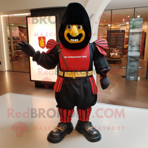 Black Swiss Guard mascot costume character dressed with a Bermuda Shorts and Shoe clips