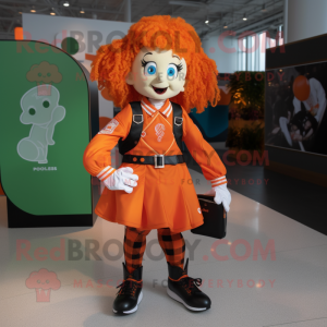 Orange Irish Dancer mascot costume character dressed with a Windbreaker and Wallets
