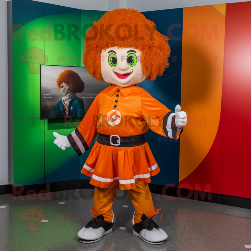 Orange Irish Dancer mascot costume character dressed with a Windbreaker and Wallets