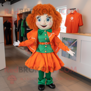 Orange Irish Dancer mascot costume character dressed with a Windbreaker and Wallets