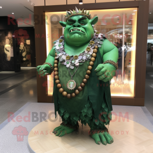 Forest Green Ogre mascot costume character dressed with a Empire Waist Dress and Necklaces