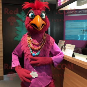 Magenta Tandoori Chicken mascot costume character dressed with a Dress Shirt and Necklaces