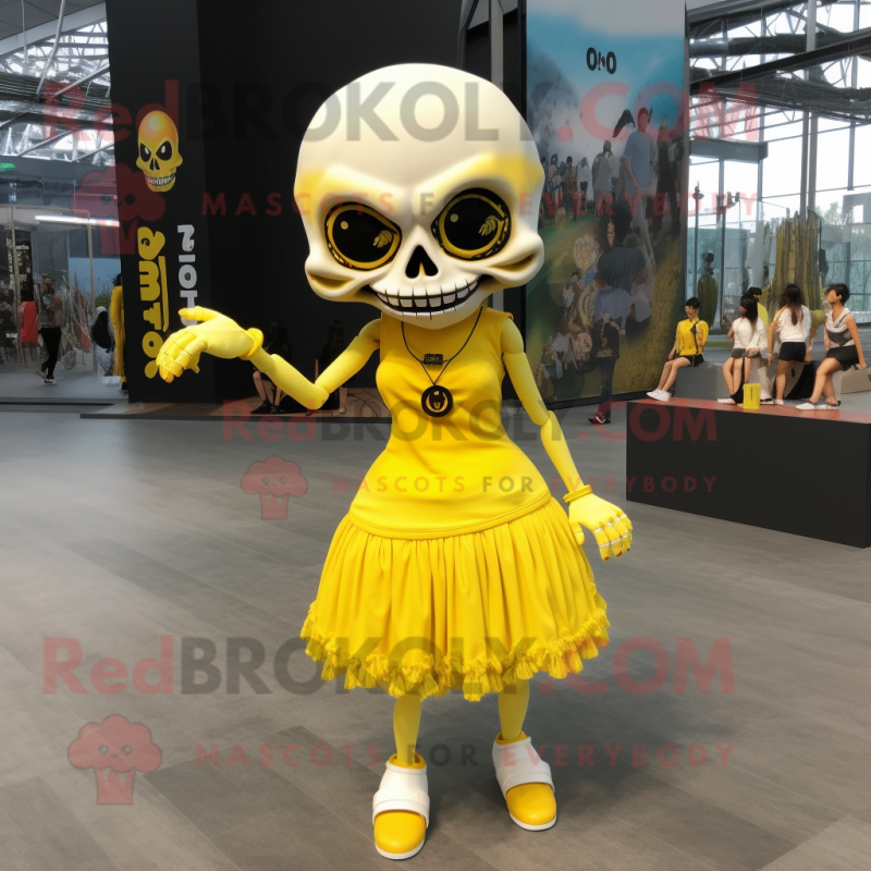 Lemon Yellow Skull mascot costume character dressed with a A-Line Dress and Anklets