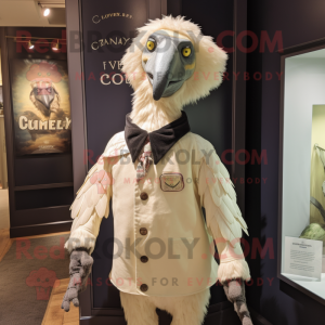 Cream Vulture mascot costume character dressed with a Oxford Shirt and Lapel pins