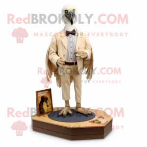 Cream Vulture mascot costume character dressed with a Oxford Shirt and Lapel pins