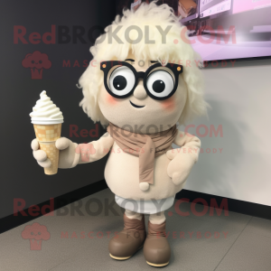 Beige Ice mascot costume character dressed with a Blouse and Eyeglasses
