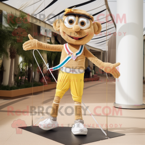 Gold Tightrope Walker mascot costume character dressed with a Bermuda Shorts and Headbands