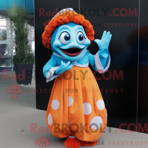 Maskotfigur af en cyan...