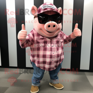 Pink Pulled Pork Sandwich mascot costume character dressed with a Flannel Shirt and Sunglasses