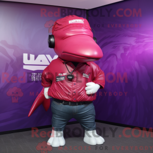 Maskotfigur af en magenta...