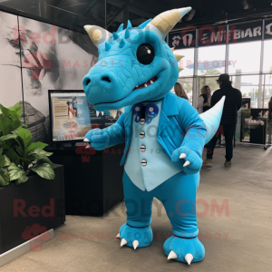 Cyan Triceratops maskot...