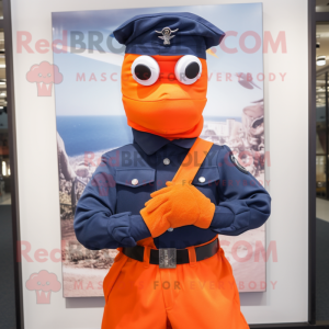 Orange Navy Soldier mascot costume character dressed with a Blouse and Scarf clips