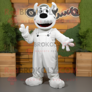 White Steak mascot costume character dressed with a Dungarees and Rings