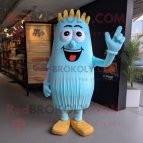 Sky Blue French Fries mascot costume character dressed with a Midi Dress and Foot pads