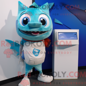 Maskotfigur af en cyan tun...