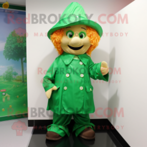 nan Leprechaun mascot costume character dressed with a Raincoat and Shoe clips