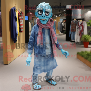 Maskotfigur af en cyan...
