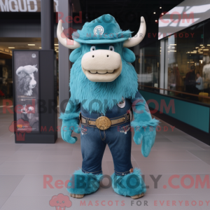 Maskotfigur af en cyan...