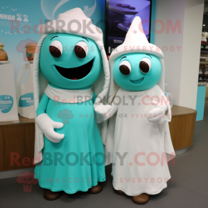Turquoise Chocolates mascot costume character dressed with a Wedding Dress and Beanies