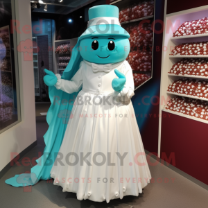 Turquoise Chocolates mascot costume character dressed with a Wedding Dress and Beanies