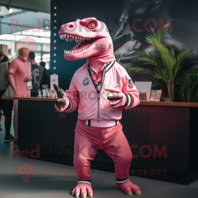 Pink Allosaurus mascot costume character dressed with a Joggers and Lapel pins