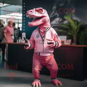 Pink Allosaurus mascot costume character dressed with a Joggers and Lapel pins