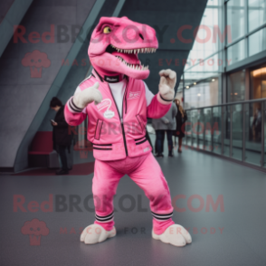 Pink Allosaurus mascot costume character dressed with a Joggers and Lapel pins