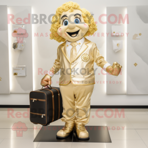 Gold Irish Dancing Shoes mascot costume character dressed with a Suit and Tote bags