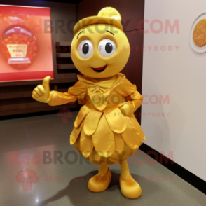 Gold Apricot mascot costume character dressed with a Midi Dress and Belts