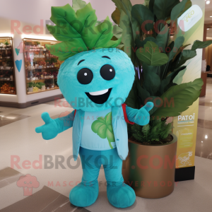 Turquoise Beanstalk mascot costume character dressed with a V-Neck Tee and Pocket squares