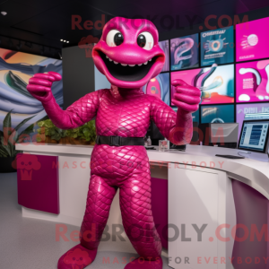 Maskotfigur af en magenta...
