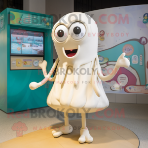 Cream Squid mascot costume character dressed with a Wrap Skirt and Smartwatches