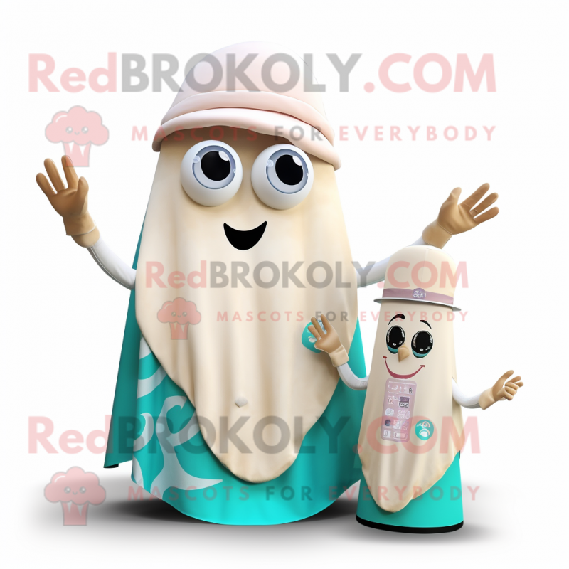Cream Squid mascot costume character dressed with a Wrap Skirt and Smartwatches