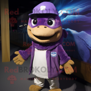 Purple Cod mascot costume character dressed with a Henley Shirt and Beanies