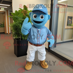 Maskotfigur af en cyan...