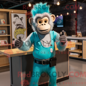 Maskotfigur af en cyan...