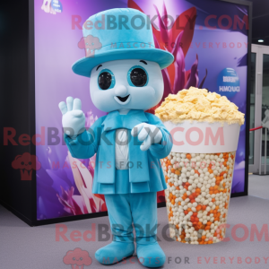 Maskotfigur af en cyan...