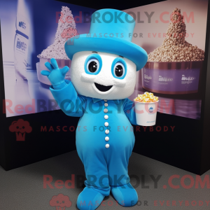 Maskotfigur af en cyan...