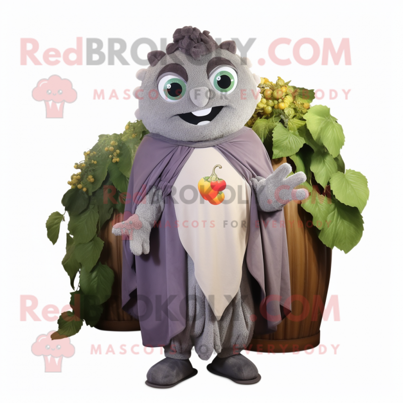 Gray Grape mascot costume character dressed with a Sweatshirt and Shawls