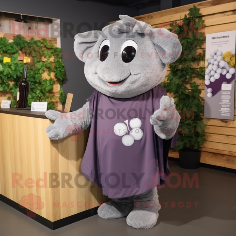 Gray Grape mascot costume character dressed with a Sweatshirt and Shawls