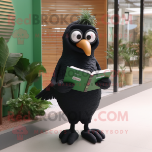 Olive Blackbird mascot costume character dressed with a V-Neck Tee and Reading glasses