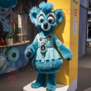 Cyan Lemur mascot costume character dressed with a Skirt and Bracelet watches