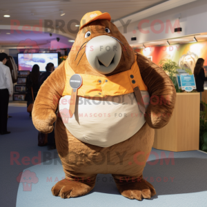 Brown Walrus mascot costume character dressed with a Overalls and Cummerbunds