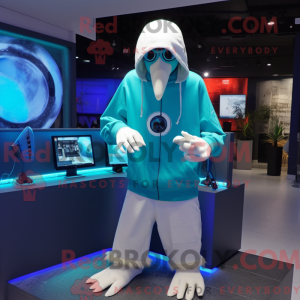 Maskotkarakter af en cyan...