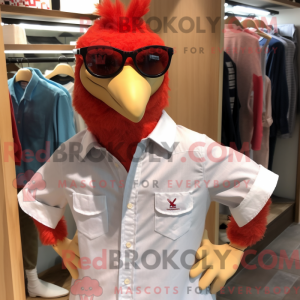 Maskotkarakter av en rød...