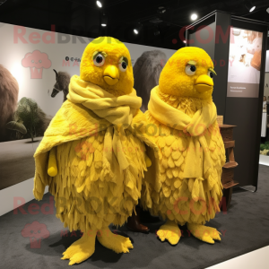 Lemon Yellow Fried Chicken mascot costume character dressed with a Corduroy Pants and Shawls