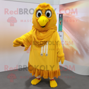 Lemon Yellow Fried Chicken mascot costume character dressed with a Corduroy Pants and Shawls